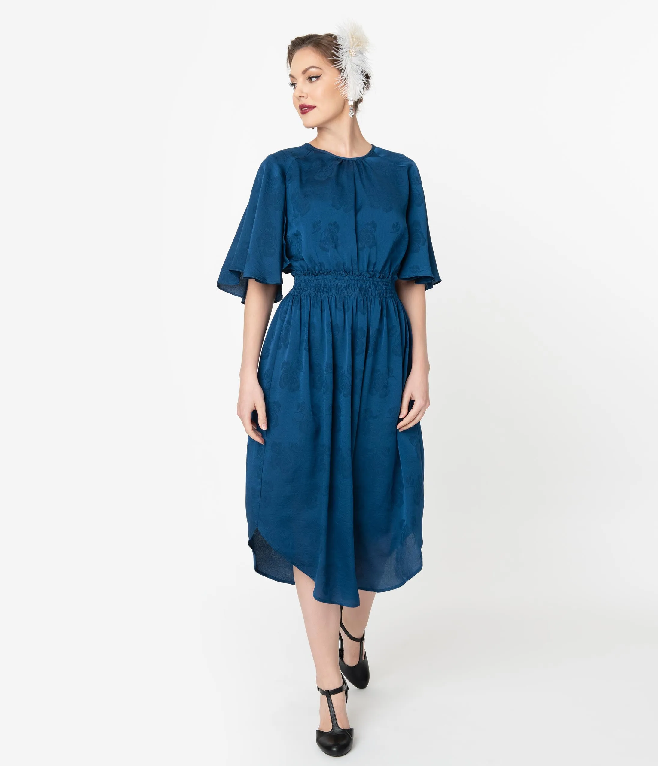 1920s Style Teal Blue Floral Print Butterfly Sleeve Midi Dress