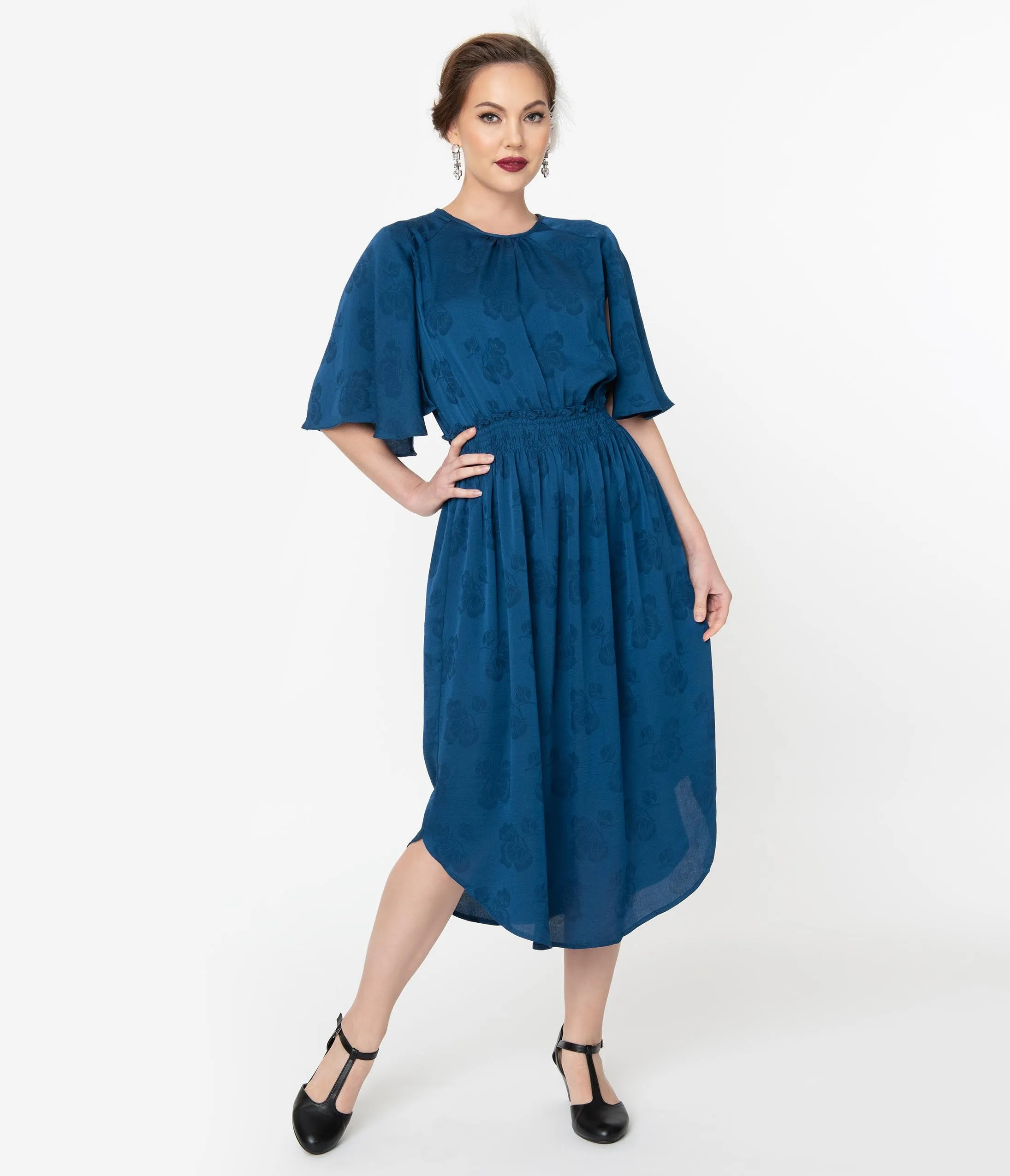 1920s Style Teal Blue Floral Print Butterfly Sleeve Midi Dress