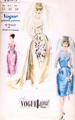 1960s GLAMOROUS Wedding Bridal Gown Pattern Vogue Special Design 4298 Two Lengths,Detachable Train,Coronet Veil Bust 32 Vintage Sewing Pattern