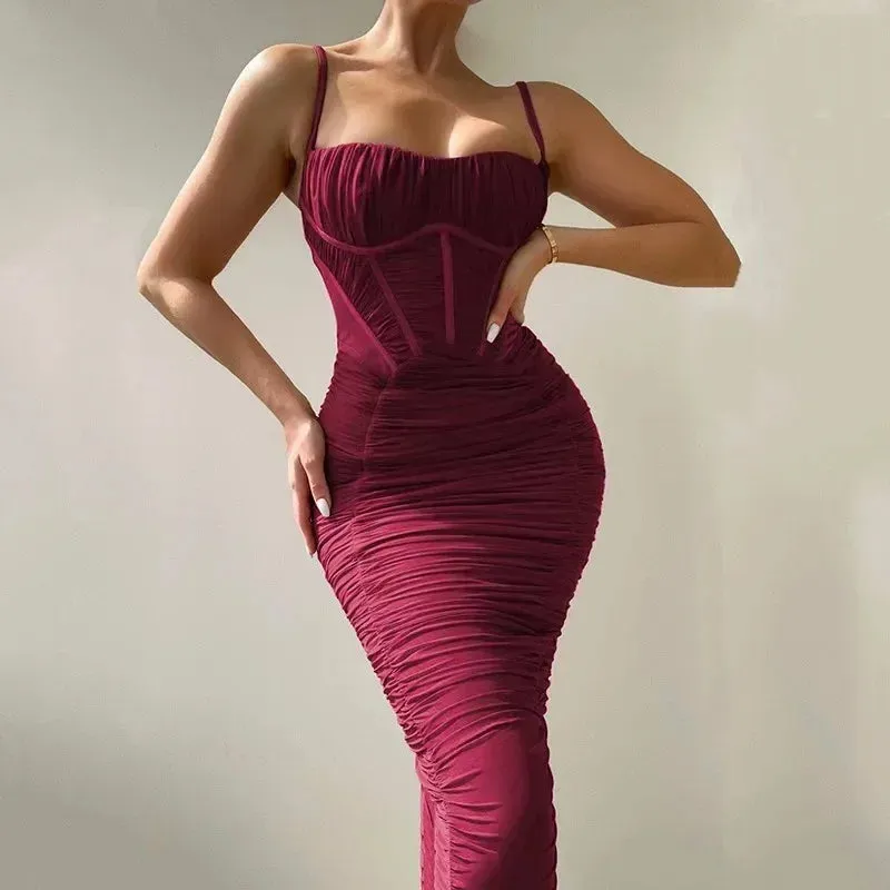 2024 Corset Backless Strap New Sleeveless Elegant Fashion Zipper Spaghetti Ruched Long Dress