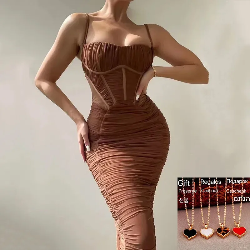 2024 Corset Backless Strap New Sleeveless Elegant Fashion Zipper Spaghetti Ruched Long Dress