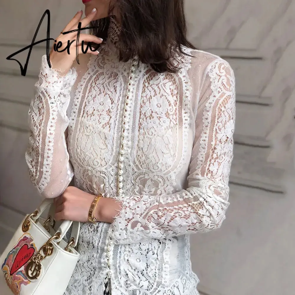 Aiertu Blusas Mujer De Moda Slim Women Shirt Elegant Pearl Blouse Lady Long Sleeve Turtleneck Lace Shirts Autumn Korean Sexy Hollow Top