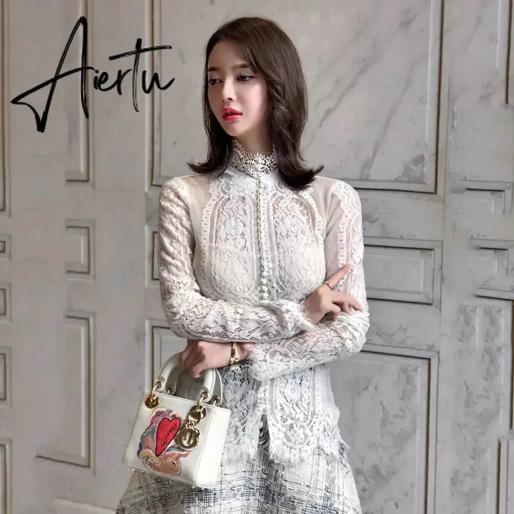 Aiertu Blusas Mujer De Moda Slim Women Shirt Elegant Pearl Blouse Lady Long Sleeve Turtleneck Lace Shirts Autumn Korean Sexy Hollow Top