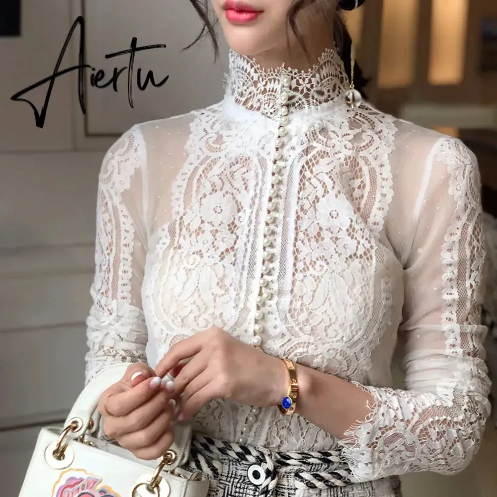 Aiertu Blusas Mujer De Moda Slim Women Shirt Elegant Pearl Blouse Lady Long Sleeve Turtleneck Lace Shirts Autumn Korean Sexy Hollow Top