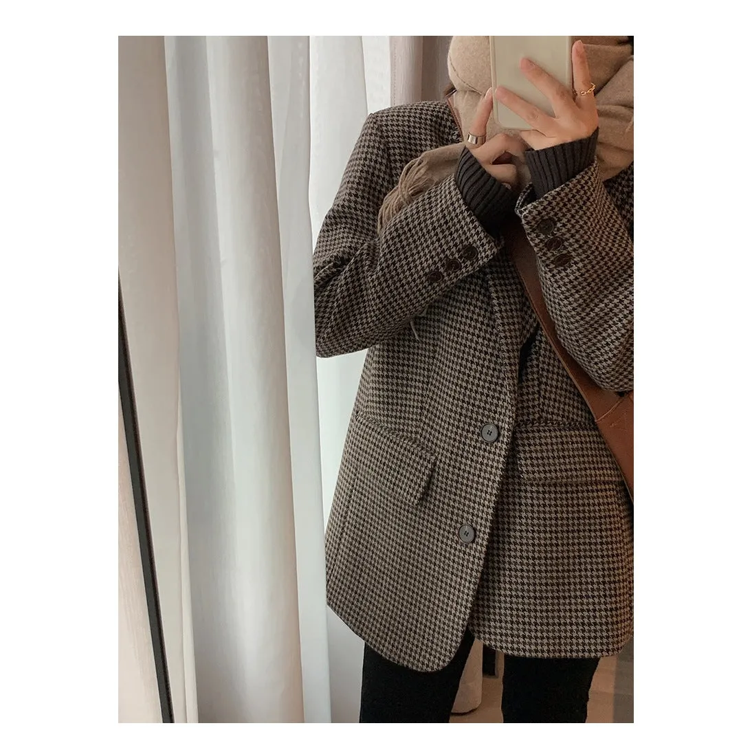 Aiertu tyler the creator outfits Brown Houndstooth Woolen Suit Jacket for Women Autumn and Winter Korean Style Loose Lazy Woolen Coat