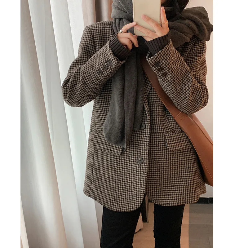 Aiertu tyler the creator outfits Brown Houndstooth Woolen Suit Jacket for Women Autumn and Winter Korean Style Loose Lazy Woolen Coat