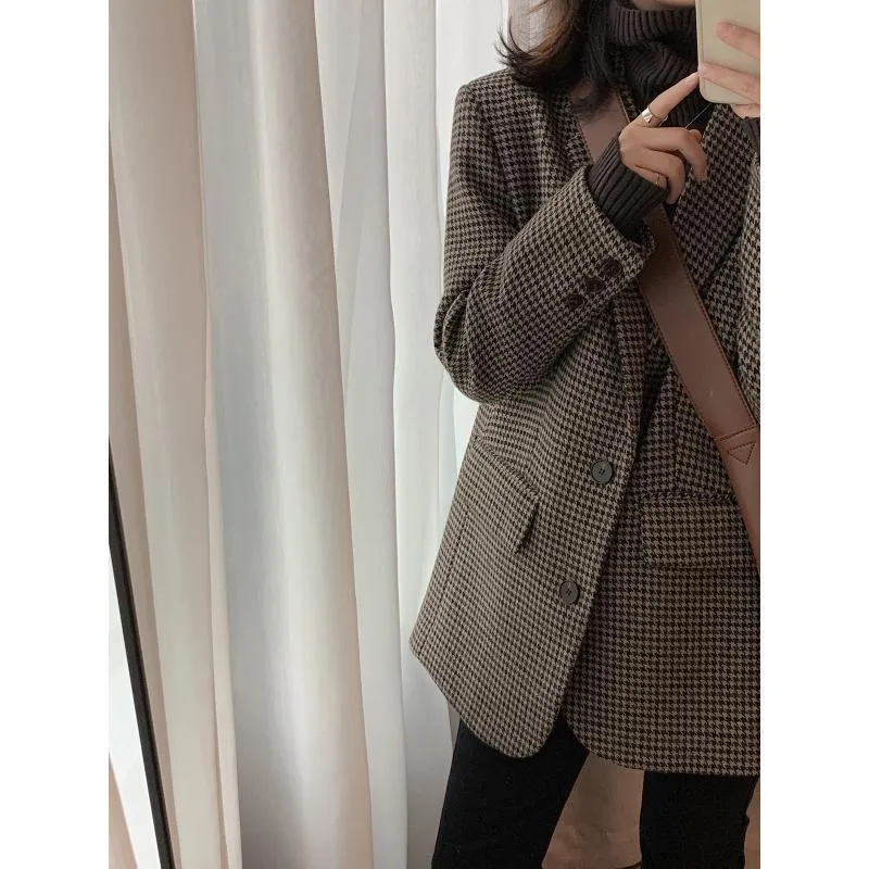 Aiertu tyler the creator outfits Brown Houndstooth Woolen Suit Jacket for Women Autumn and Winter Korean Style Loose Lazy Woolen Coat