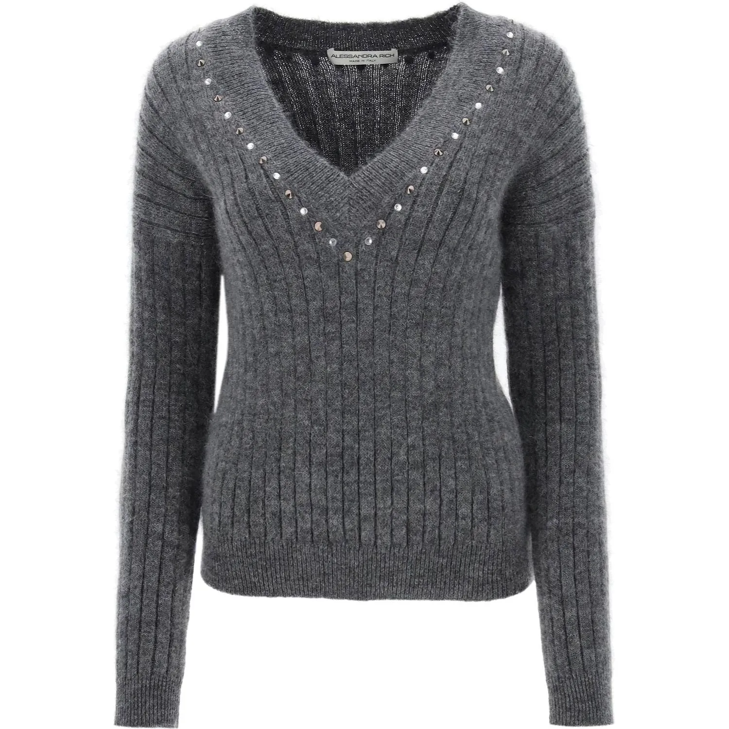 Alessandra Rich wool knit sweater with studs and crystals