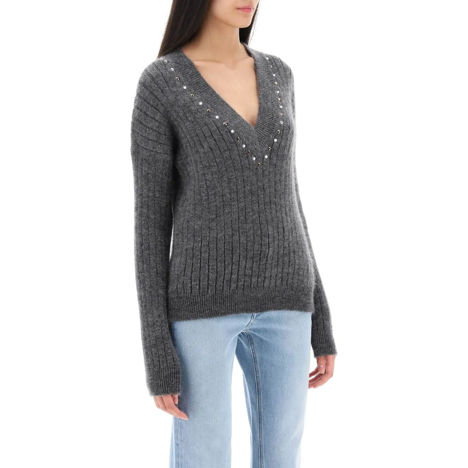 Alessandra Rich wool knit sweater with studs and crystals