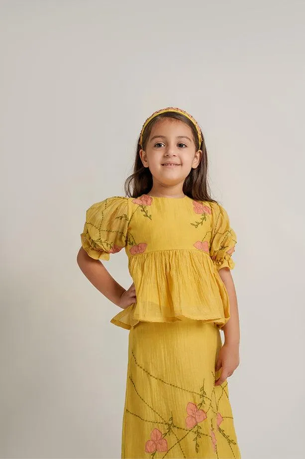 Baby Shark- Yellow Chanderi Silk Hand Embroidered Peplum Top & Straight Skirt Set for Girls