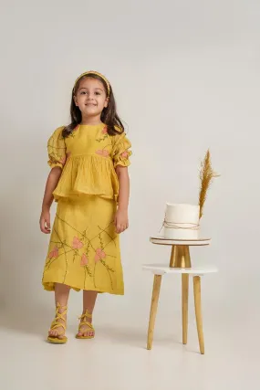 Baby Shark- Yellow Chanderi Silk Hand Embroidered Peplum Top & Straight Skirt Set for Girls