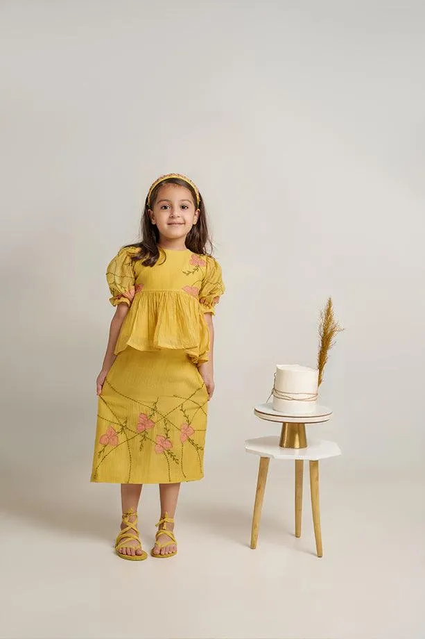 Baby Shark- Yellow Chanderi Silk Hand Embroidered Peplum Top & Straight Skirt Set for Girls