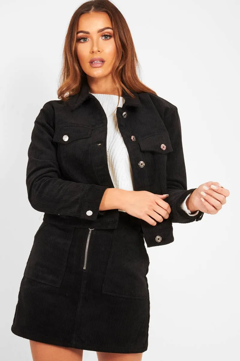 Black Corduroy Trucker Jacket Skirt Co-Ord - Dhiya