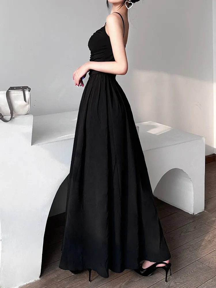 Black Pleated Ruched Long Dress