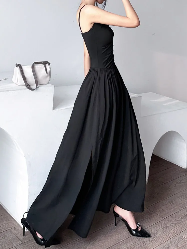 Black Pleated Ruched Long Dress