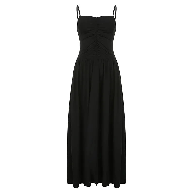 Black Pleated Ruched Long Dress