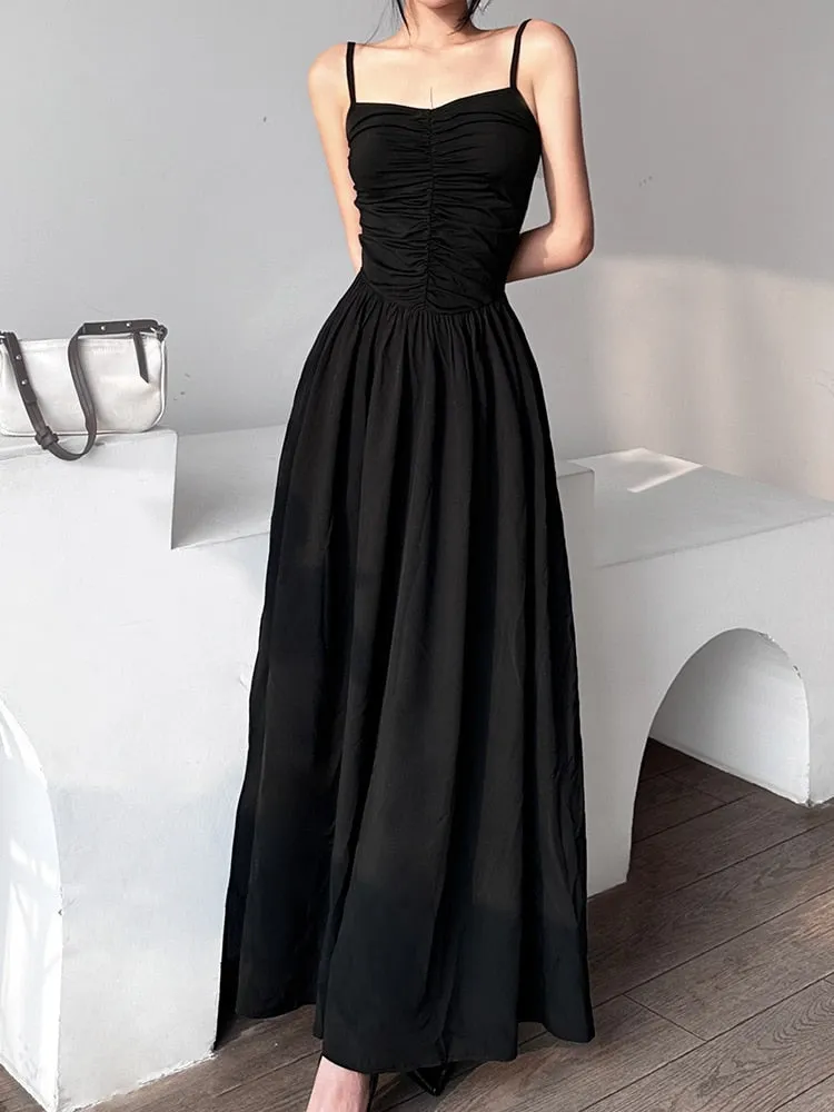 Black Pleated Ruched Long Dress