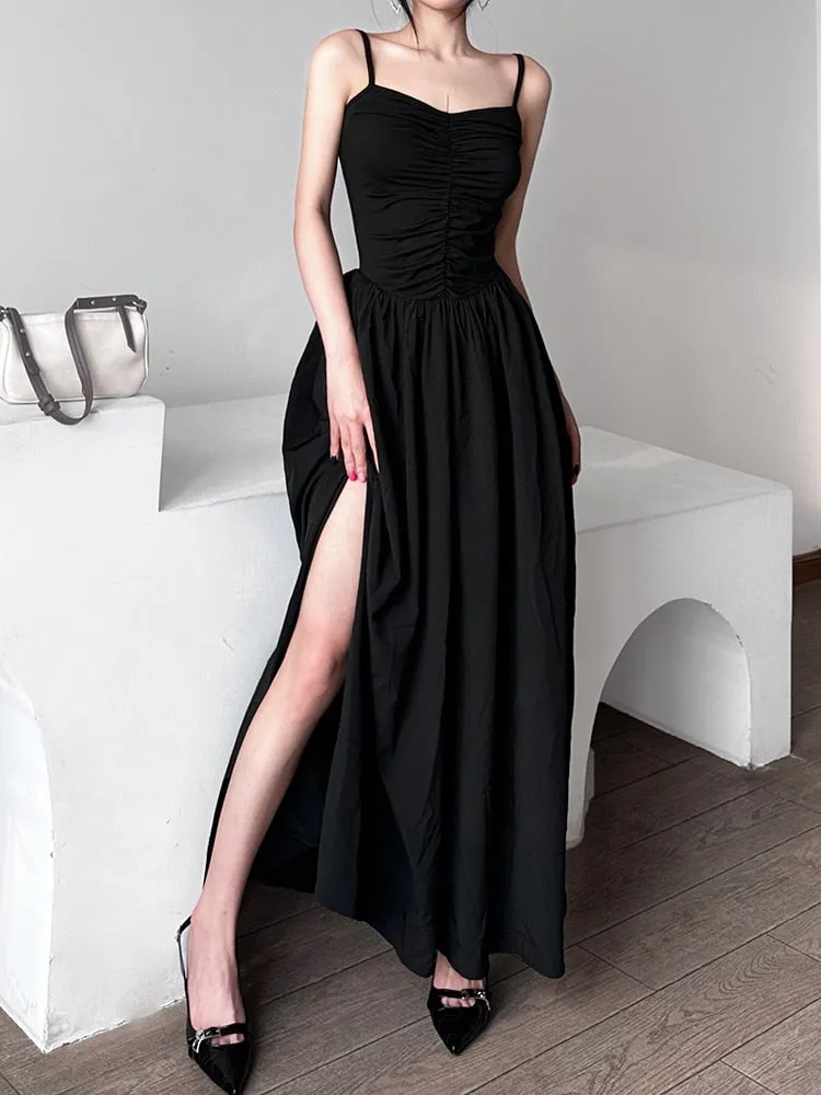 Black Pleated Ruched Long Dress