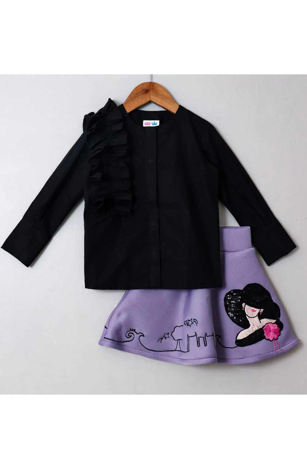 Black Ruffle Cotton Shirt Style Top With Embroidered Scuba Skirt