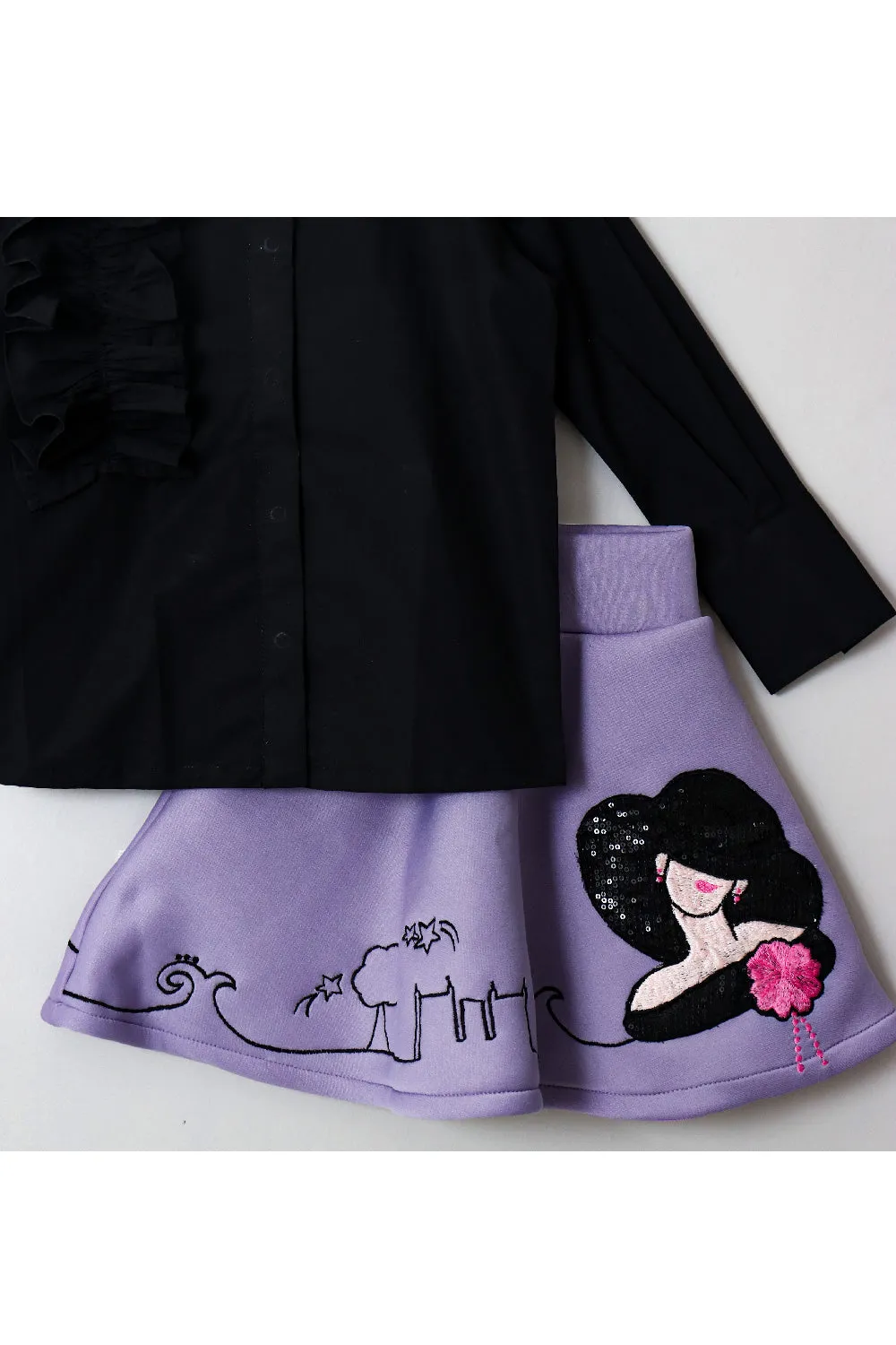 Black Ruffle Cotton Shirt Style Top With Embroidered Scuba Skirt