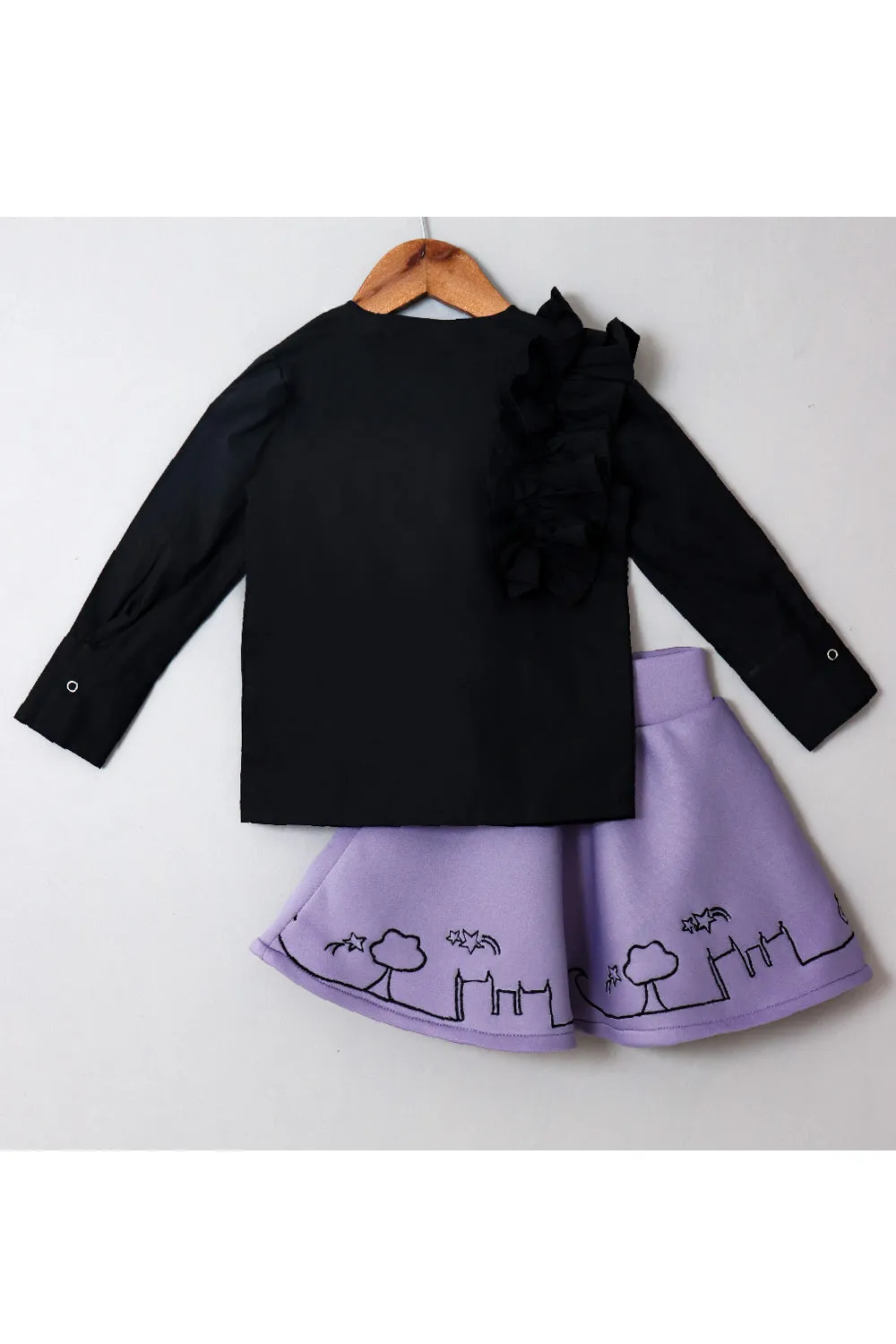 Black Ruffle Cotton Shirt Style Top With Embroidered Scuba Skirt