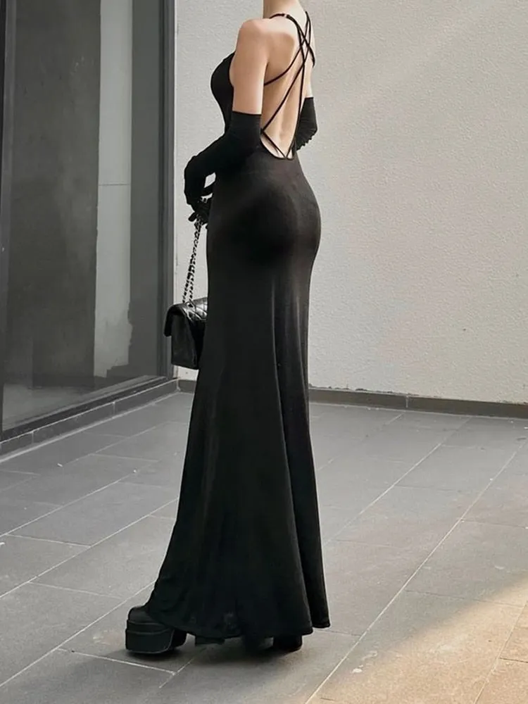 Black Strap Backless Evening Party Dress