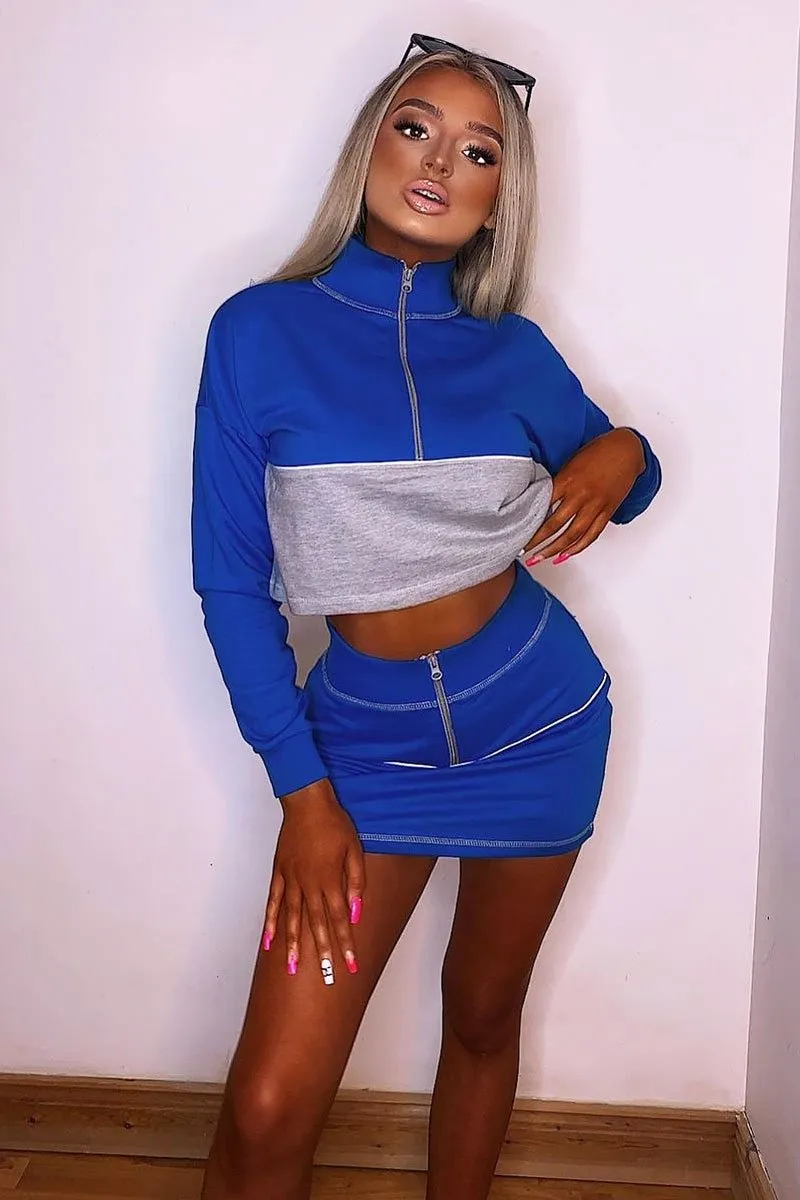 Blue Grey Cropped Zip Jumper Skirt Co-ord - Hestia