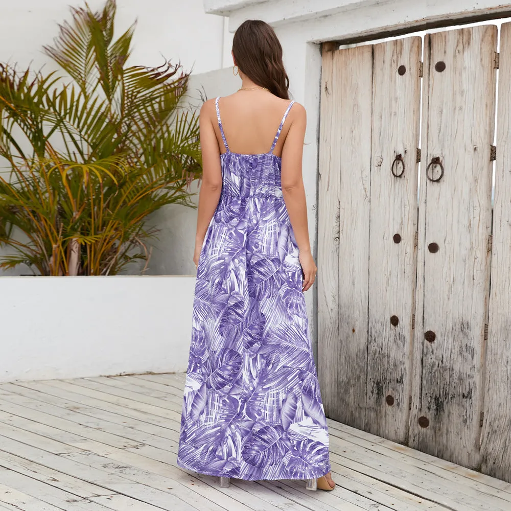 Bohemian print maxi dress sexy V-neck slip dress