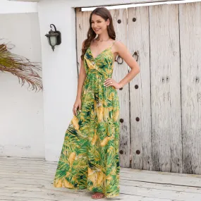 Bohemian print maxi dress sexy V-neck slip dress