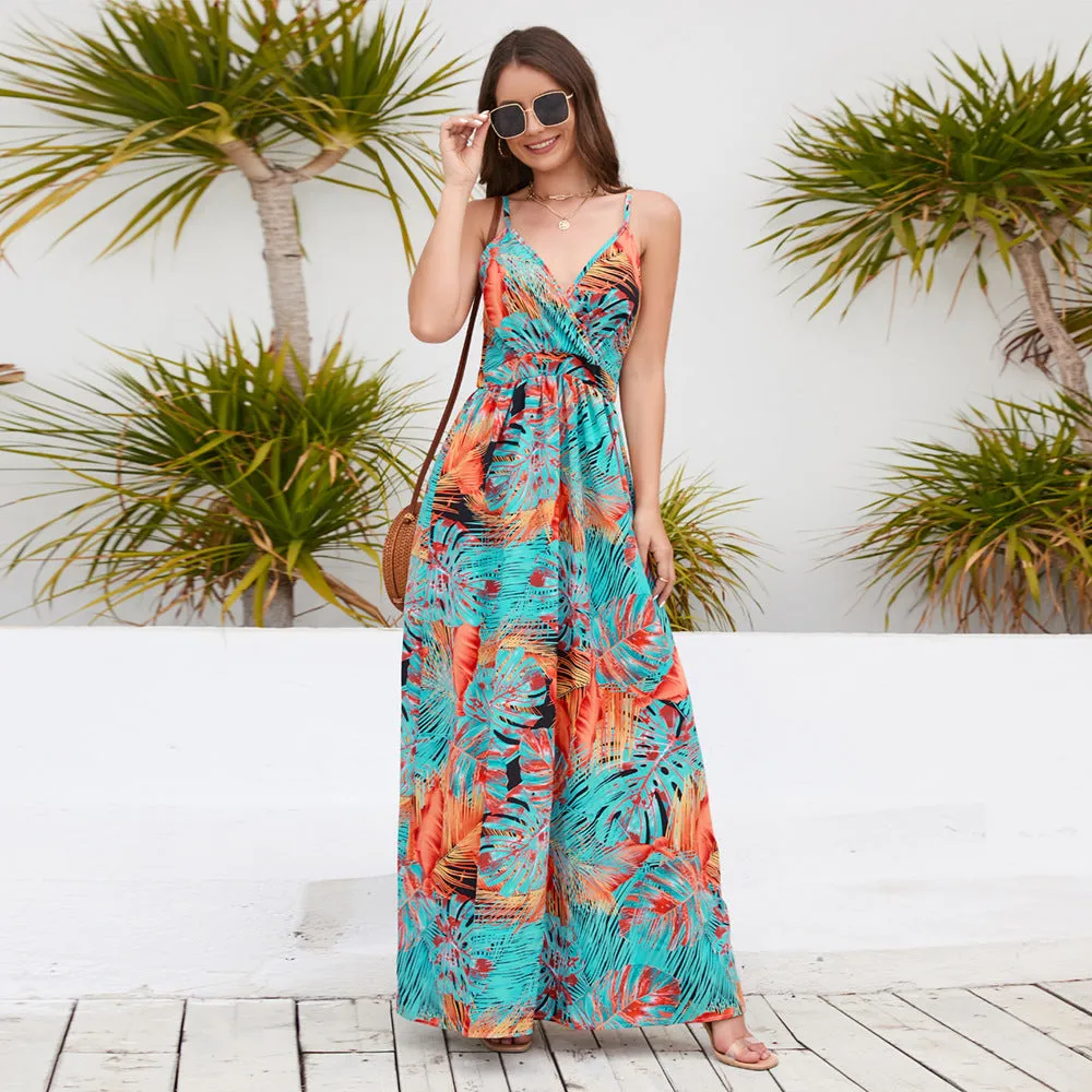 Bohemian print maxi dress sexy V-neck slip dress