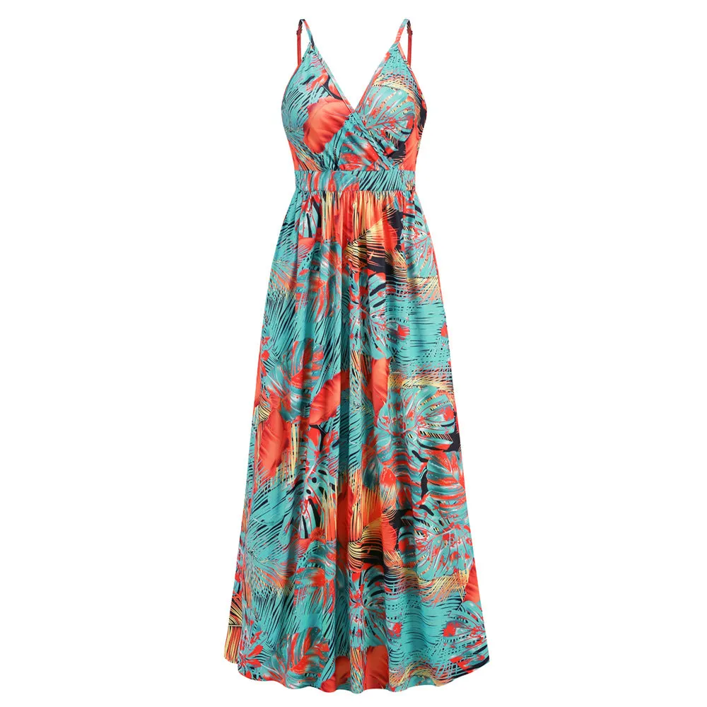 Bohemian print maxi dress sexy V-neck slip dress