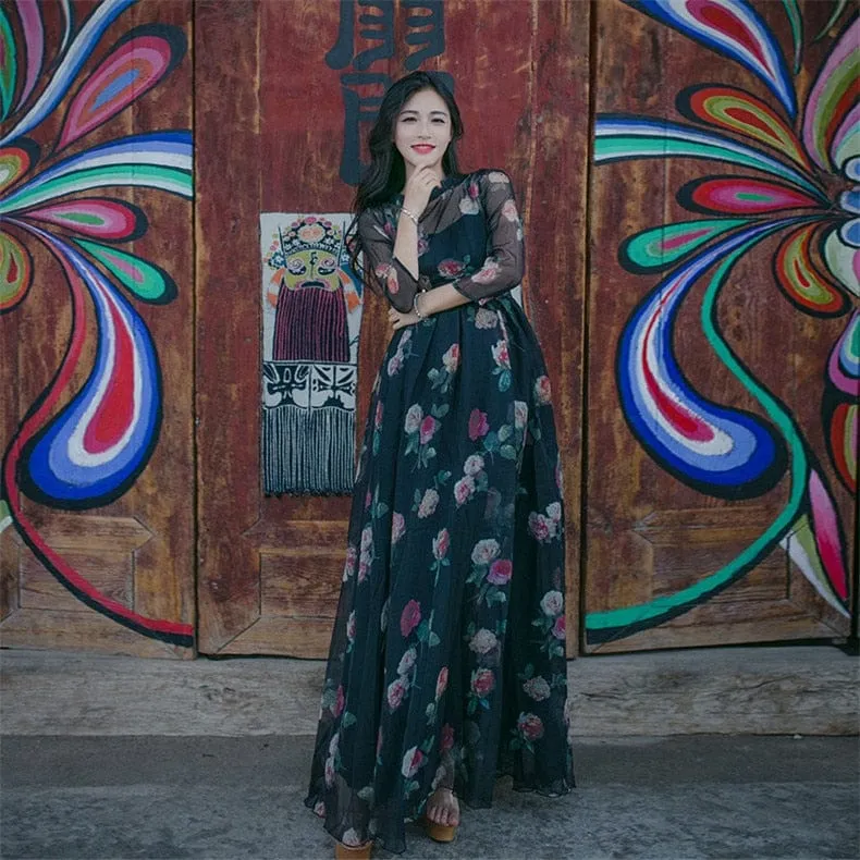 Boho Chic Black Floral Chiffon Maxi Dress | Mandala