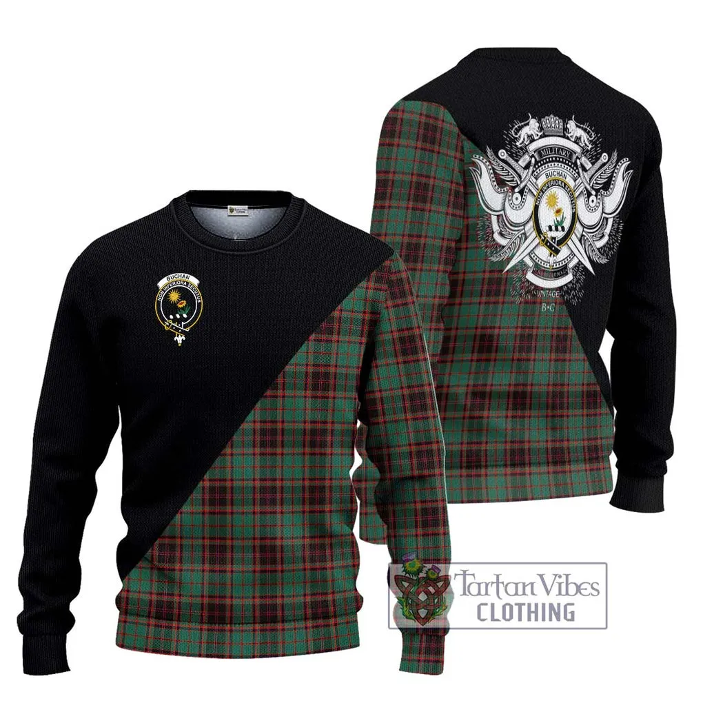 Buchan Ancient Tartan Ugly Sweater with Family Crest and Military Logo Style