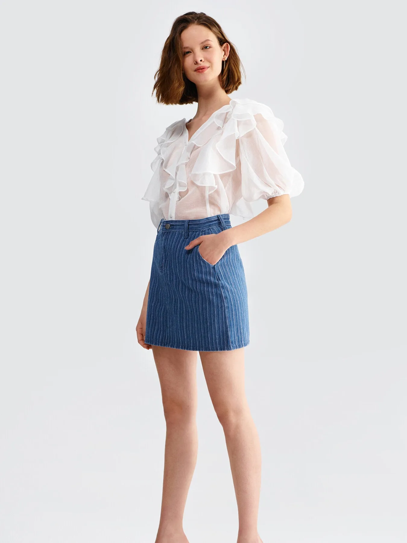 Casual Striped Button Denim Skirt