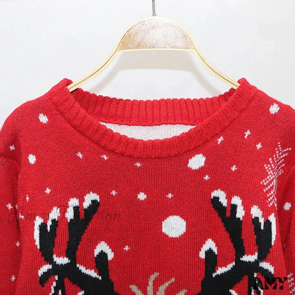 Christmas Sweater with Cartoon Reindeer Print and Fur Collar