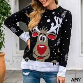 Christmas Sweater with Cartoon Reindeer Print and Fur Collar