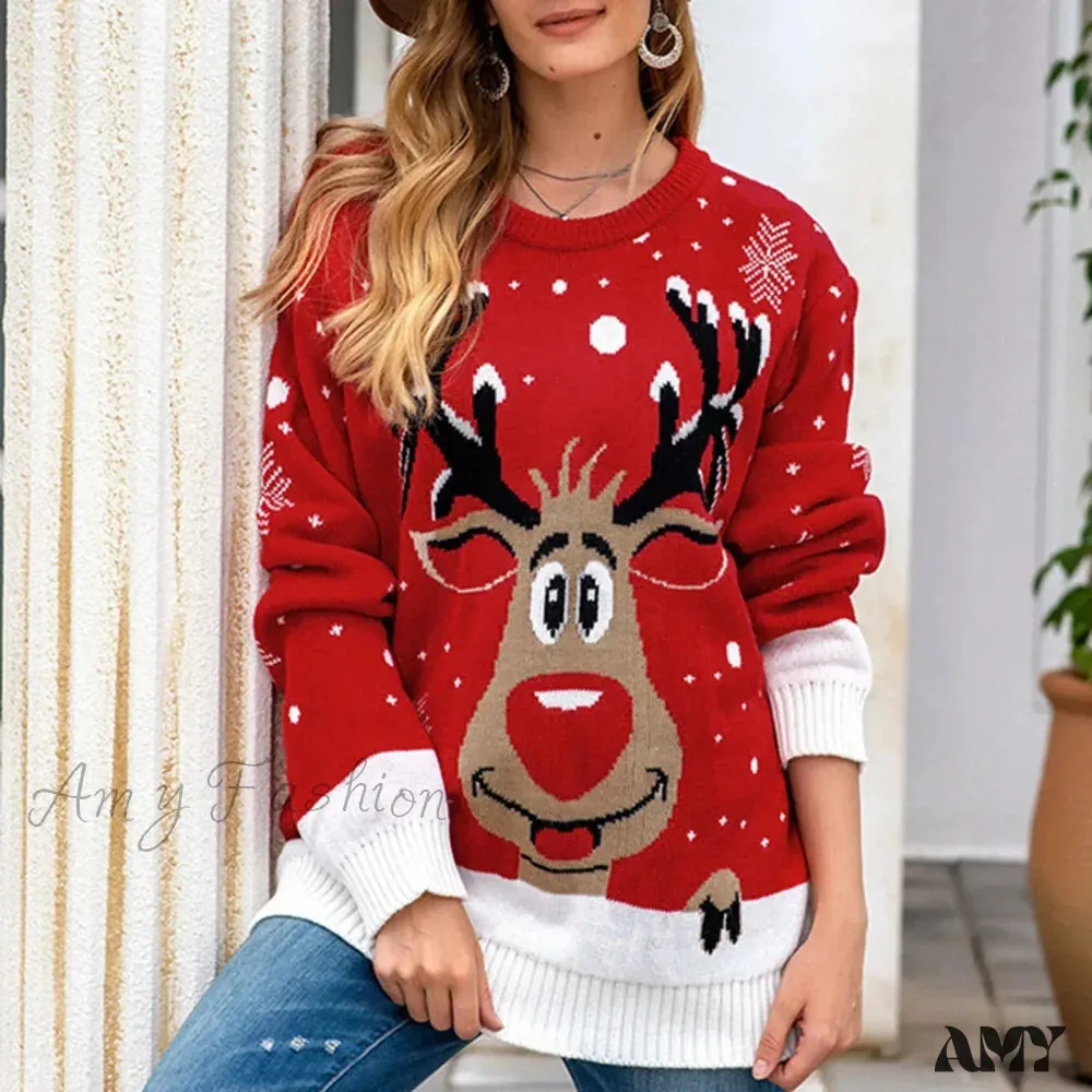 Christmas Sweater with Cartoon Reindeer Print and Fur Collar