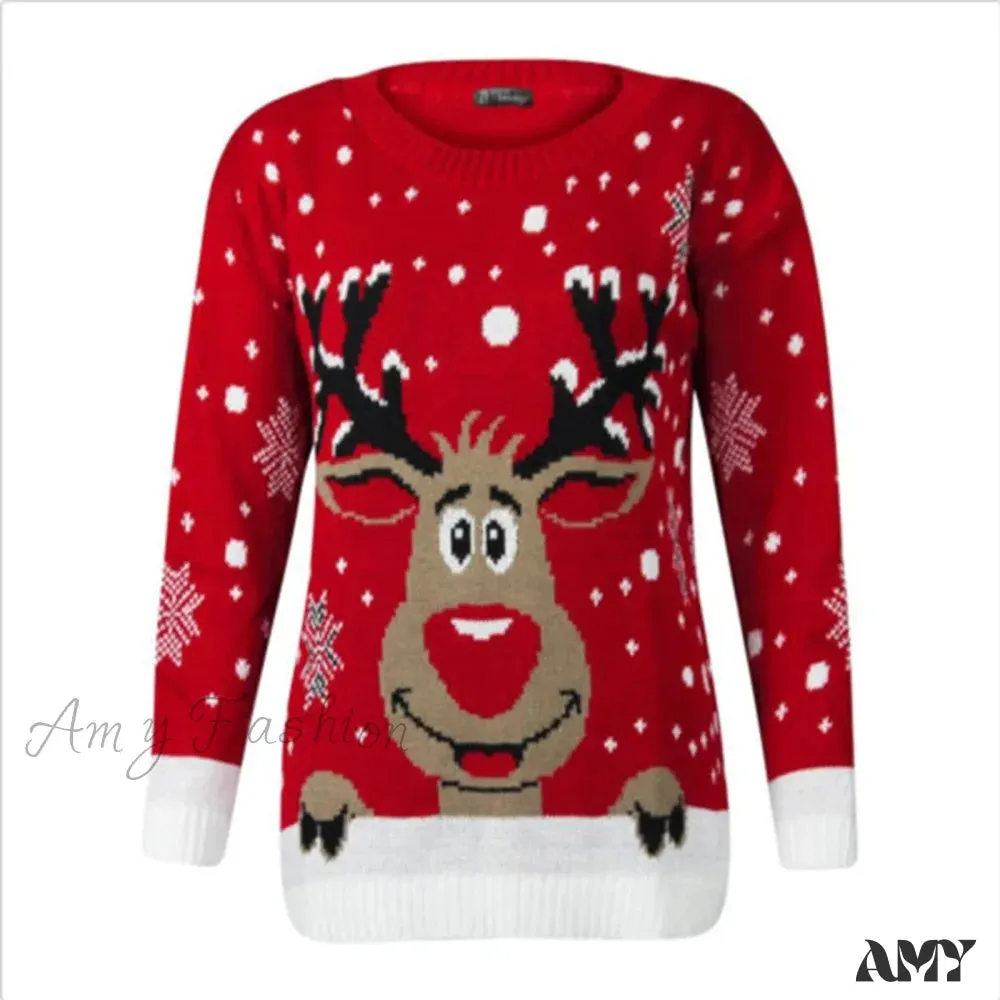 Christmas Sweater with Cartoon Reindeer Print and Fur Collar