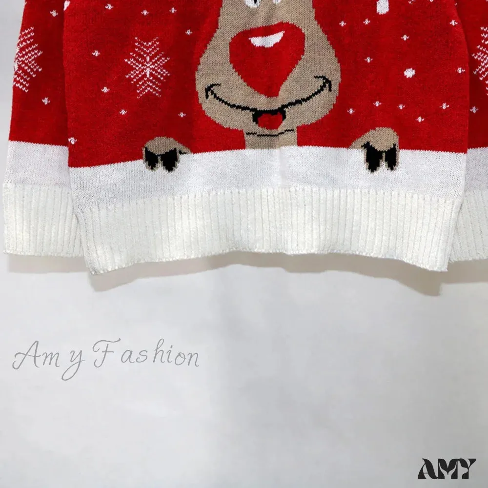 Christmas Sweater with Cartoon Reindeer Print and Fur Collar