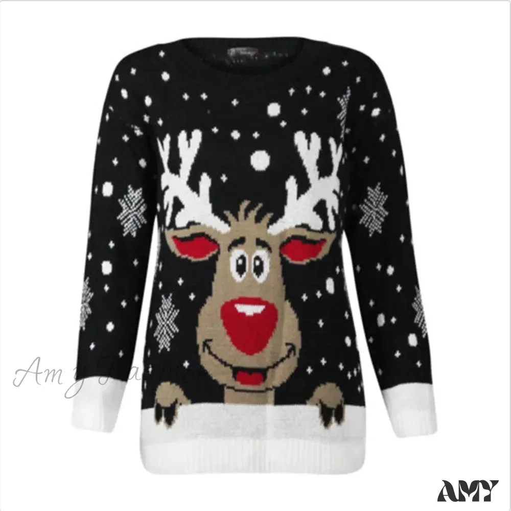 Christmas Sweater with Cartoon Reindeer Print and Fur Collar