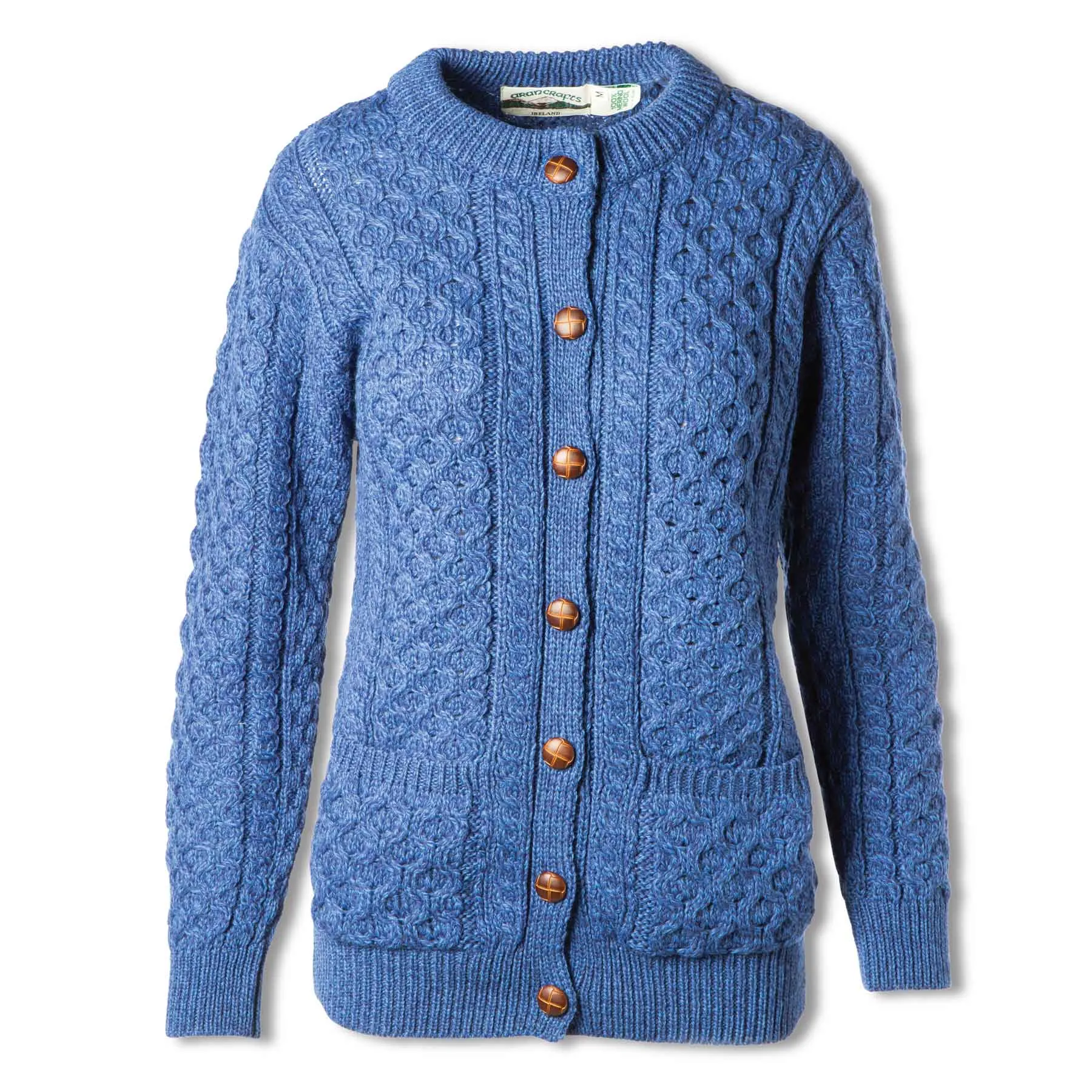 Curragh Women's Aran Knit Button Up Cardigan Sweater- Blue