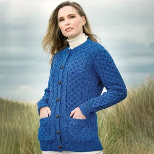 Curragh Women's Aran Knit Button Up Cardigan Sweater- Blue