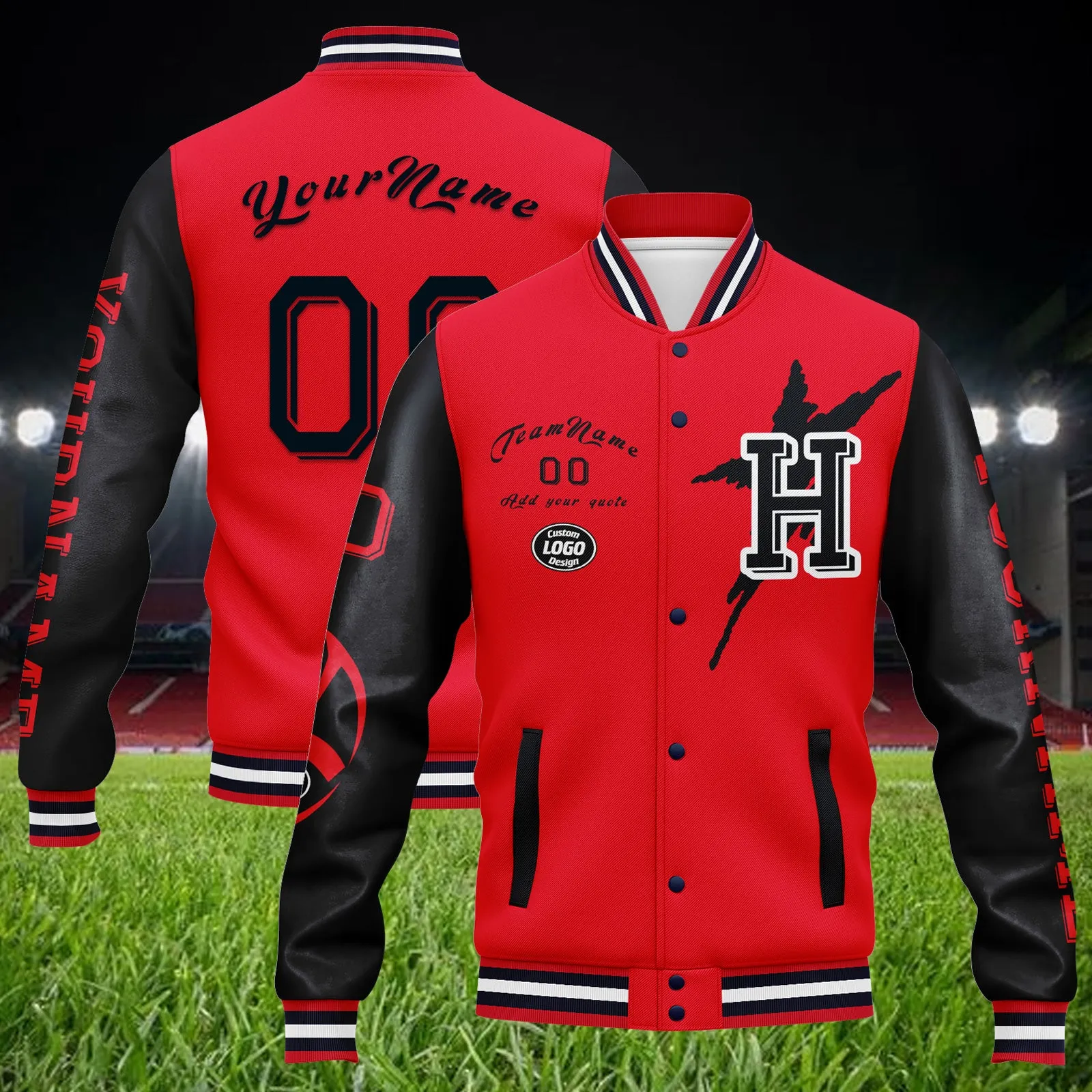 Custom Red Blue Houston Jacket Bomber Full-Snap Varsity Letterman Personalized Jacket FZ005SX-D020290-12