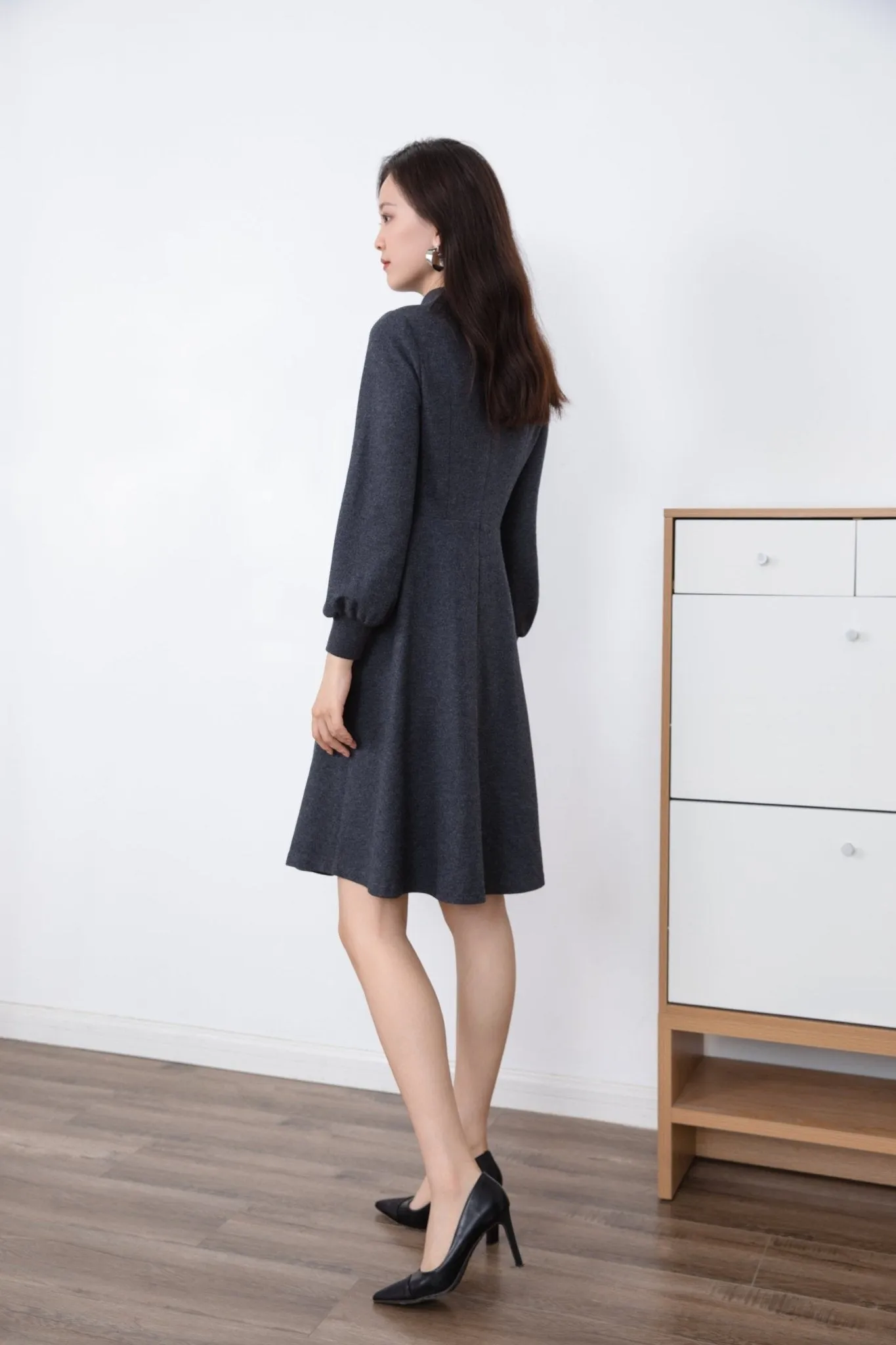 Dark Grey Woolen Tie-collar Dress