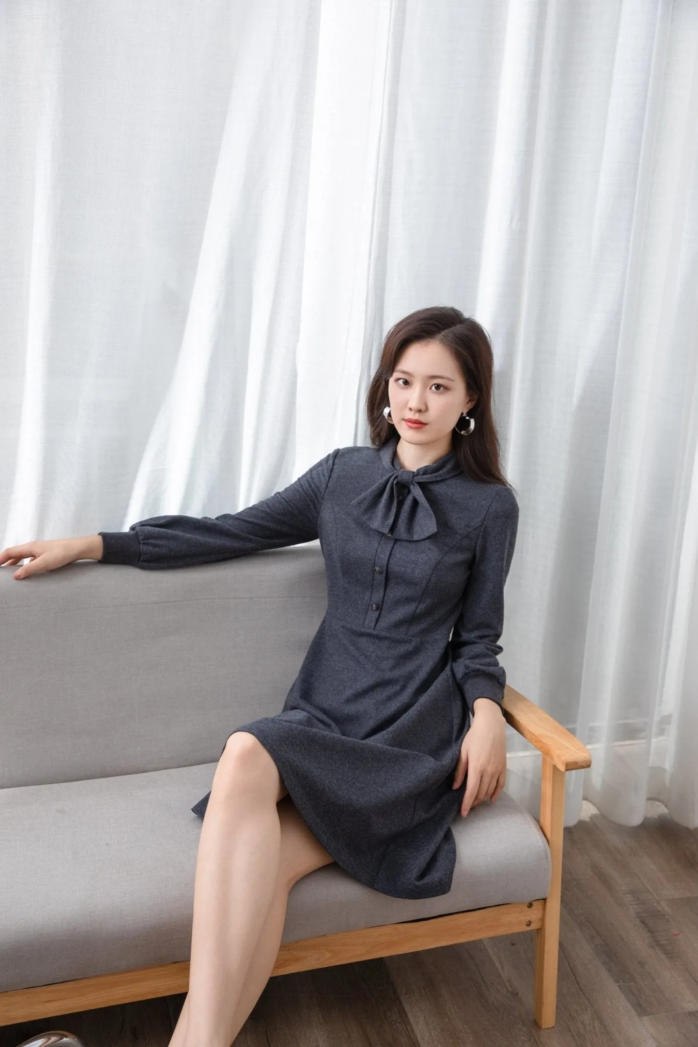 Dark Grey Woolen Tie-collar Dress