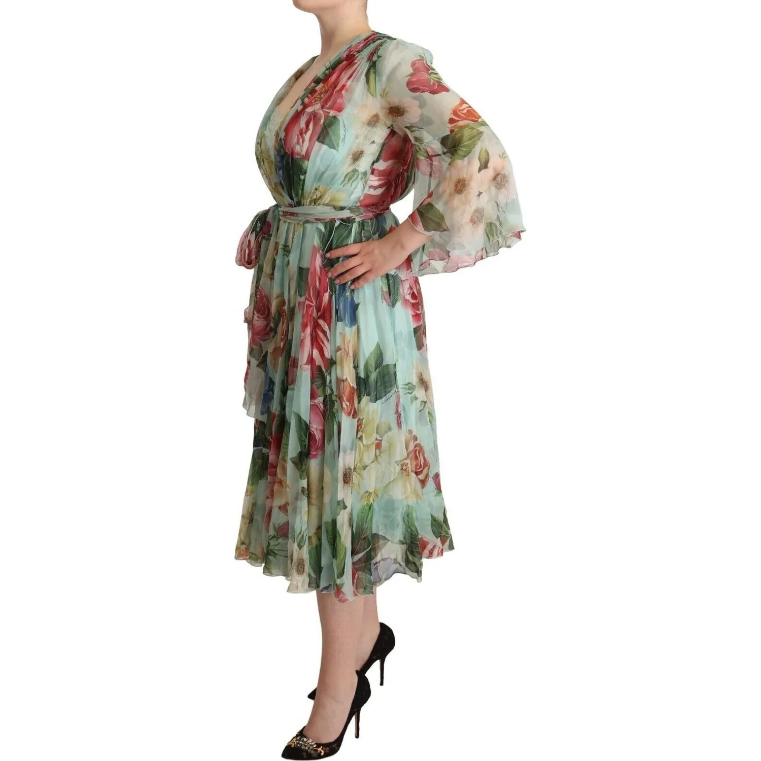 Dolce & Gabbana Elegant Floral Green Midi Silk Dress