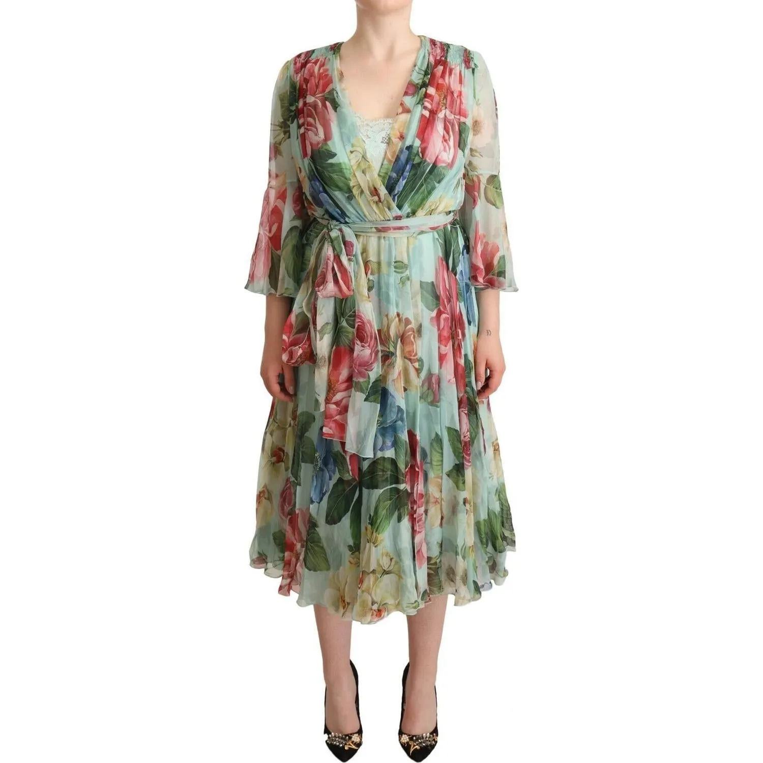 Dolce & Gabbana Elegant Floral Green Midi Silk Dress