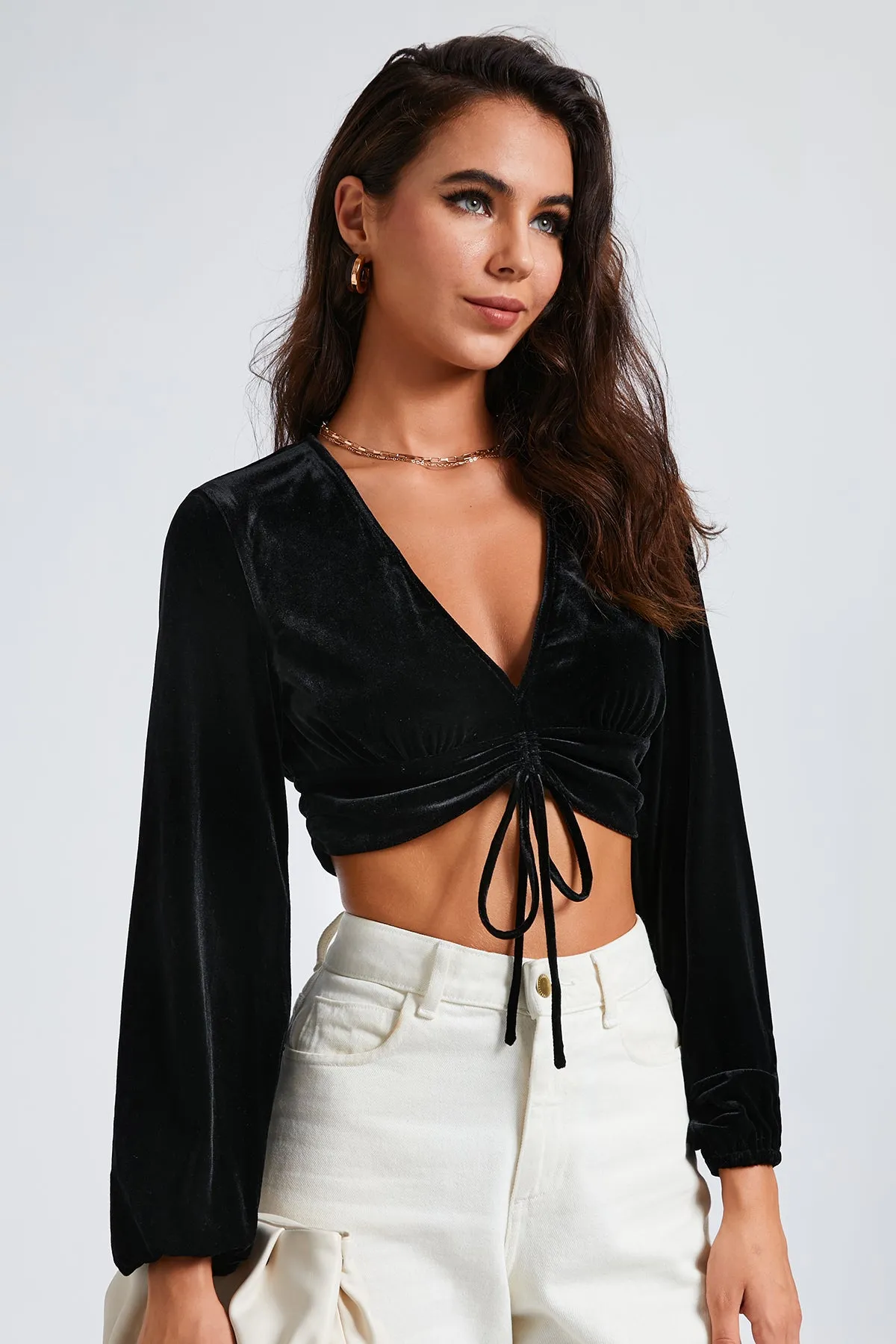 Drawstring Ruched Velvet Crop Top