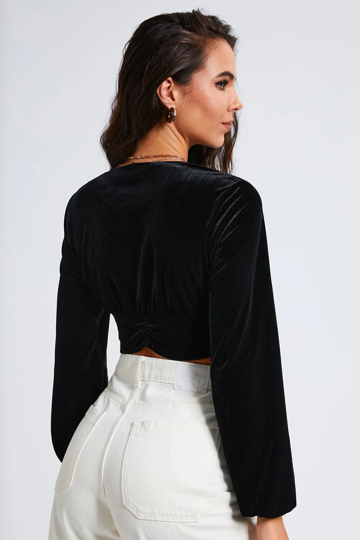 Drawstring Ruched Velvet Crop Top