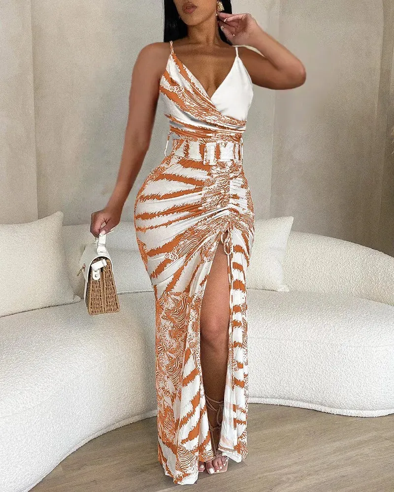 Elegant Women's Sling Bodycon Dresses 2024 Summer Sexy V Neck Striped Print High Slit Drawstring High Waist Long Dress With Belt